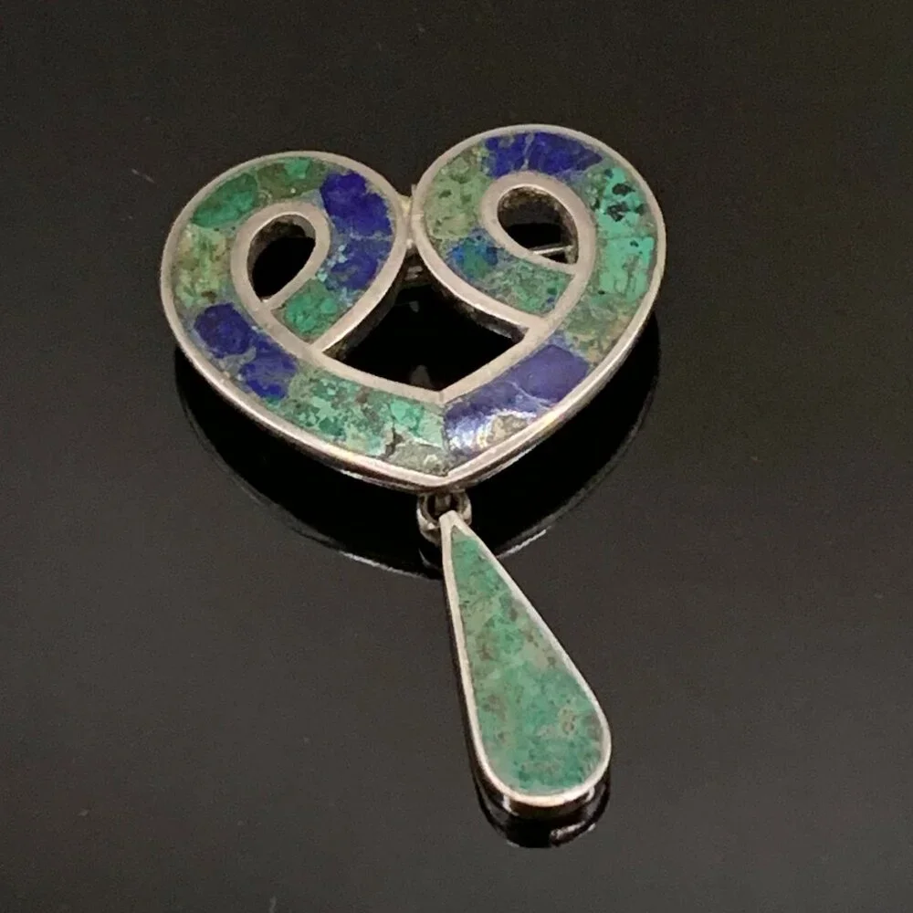 TAXCO Los Castillo Mexico Eagle 15 Heart Sterling Brooch Malachite Chrysocolla